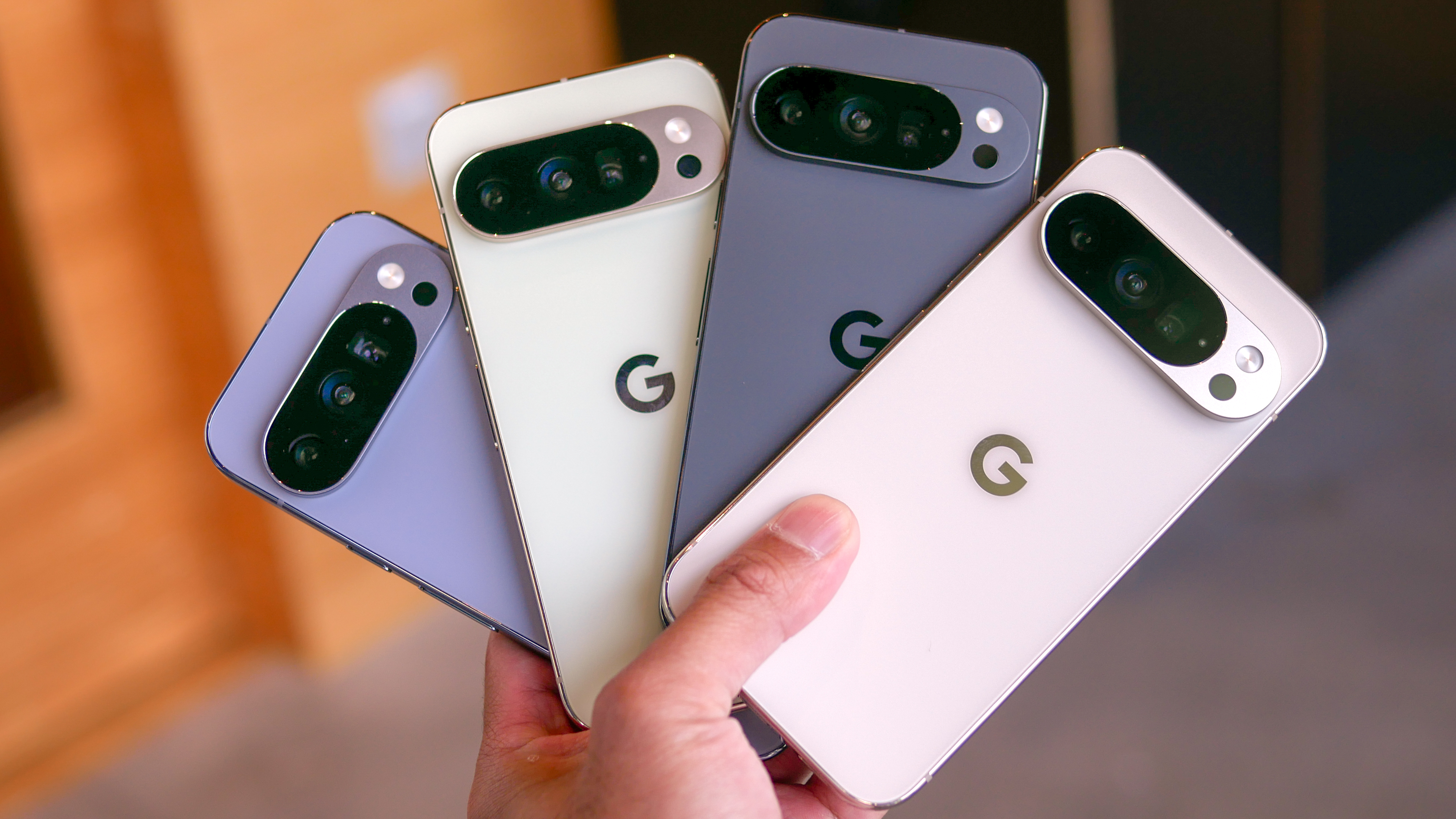 Google Pixel 10 Pro XL in four different colors.