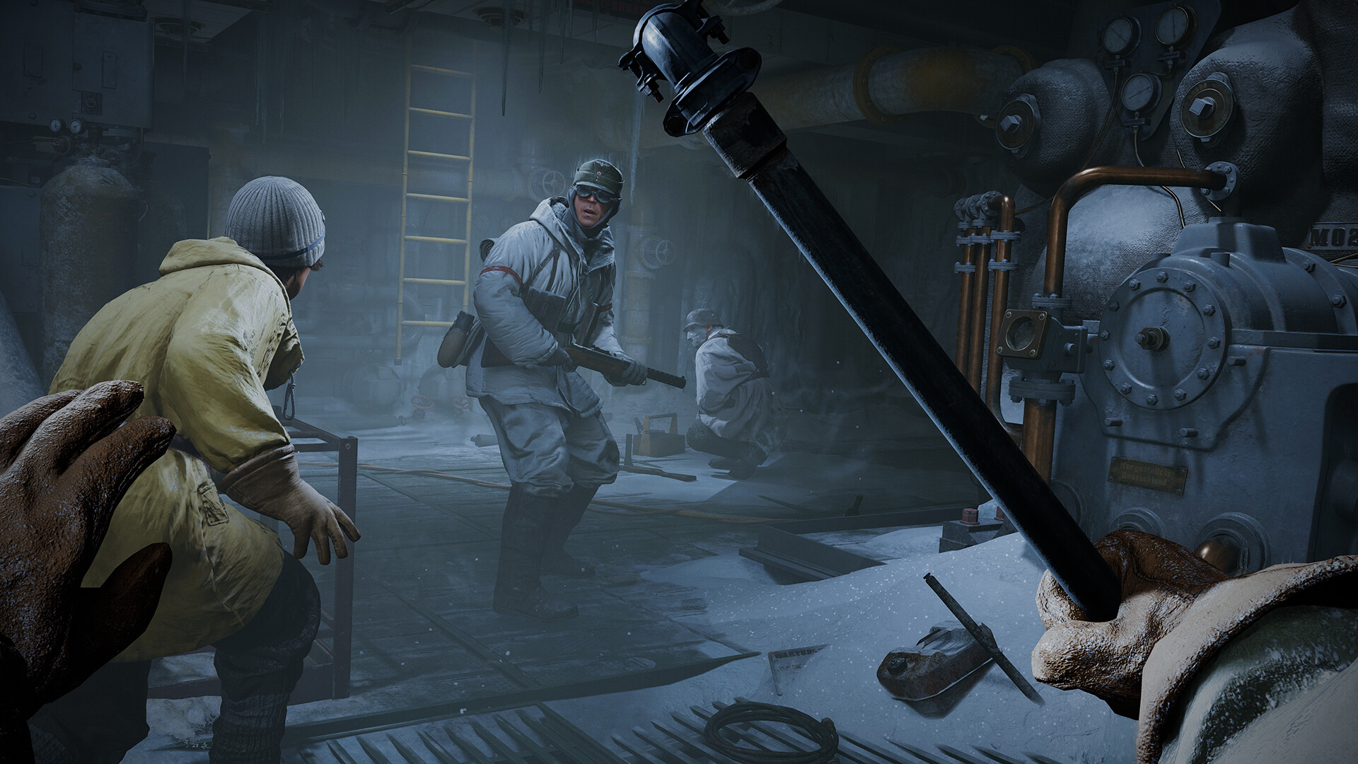 Indiana Jones and the Great Circle gameplay where Indy is wielding a metal pipe against a soldier with a gun who has just spotted him