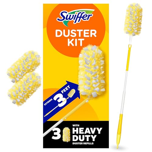 Swiffer Duster Kit With 3 Ft Extendable Handle, Heavy Duty Dusting Starter Kit With 3 Refills, for Ceiling Fans, Vents and Hard to Reach Places