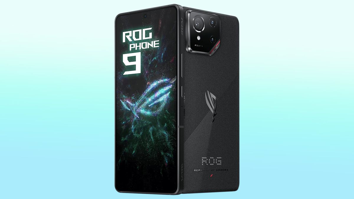 Rendered image of Asus ROG Phone 9 against blue background.