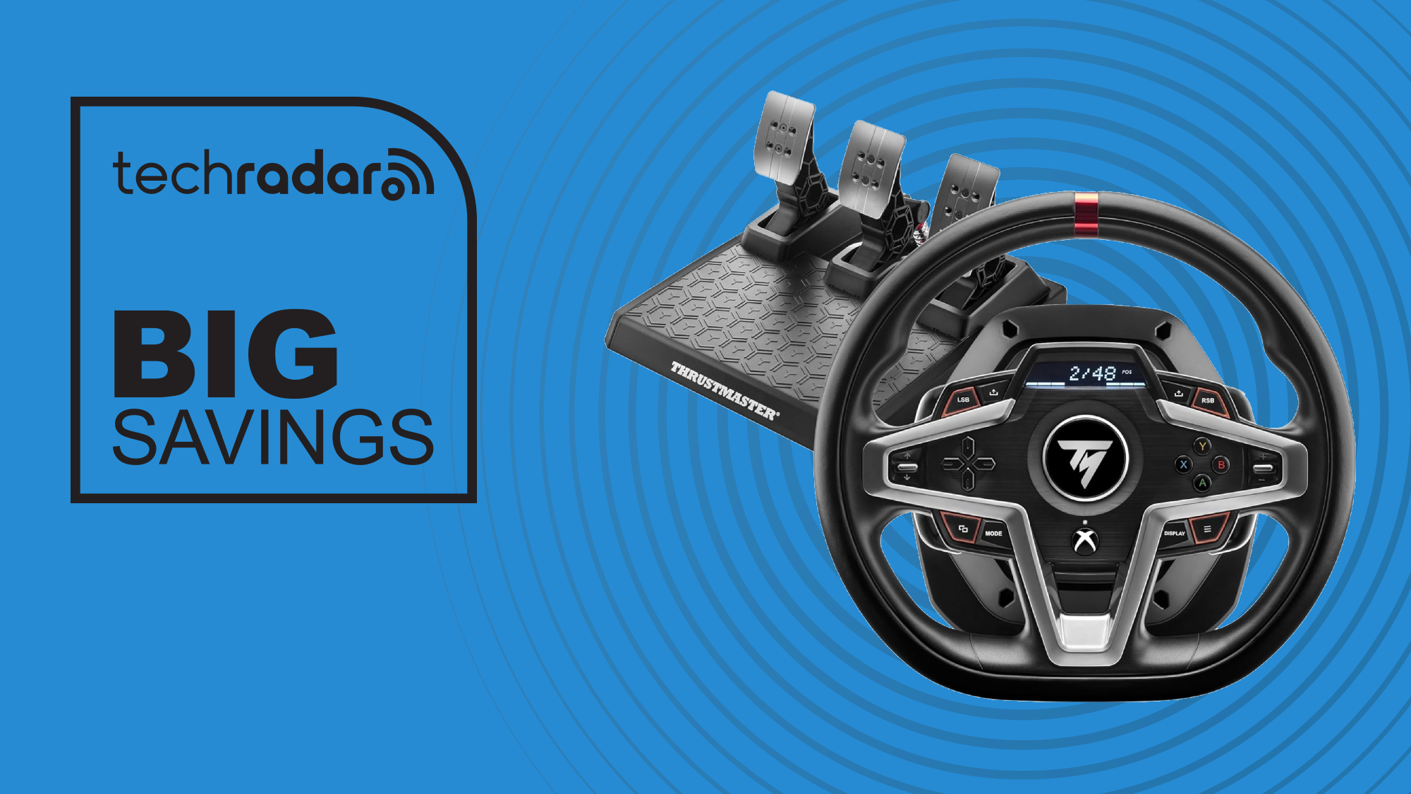Thrustmaster T248X on blue background with concentric circles and box in top-left corner with techradar log and text reading 'big savings'