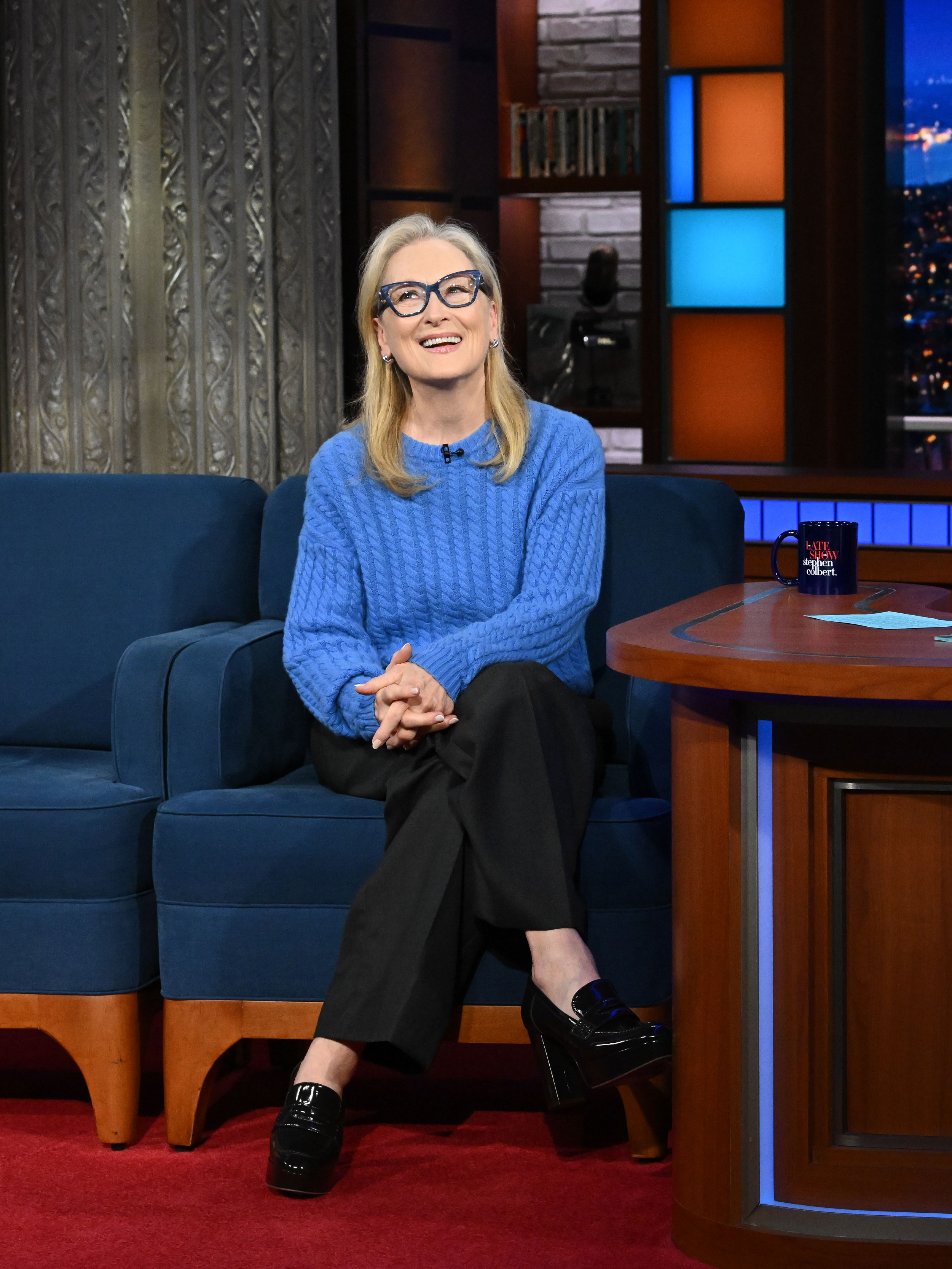 Meryl Streep wears a blue J.Crew sweater promoting The Devil Wears Prada 2