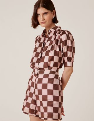 Betty Brown Puzzle Print Silk Twill Shirt