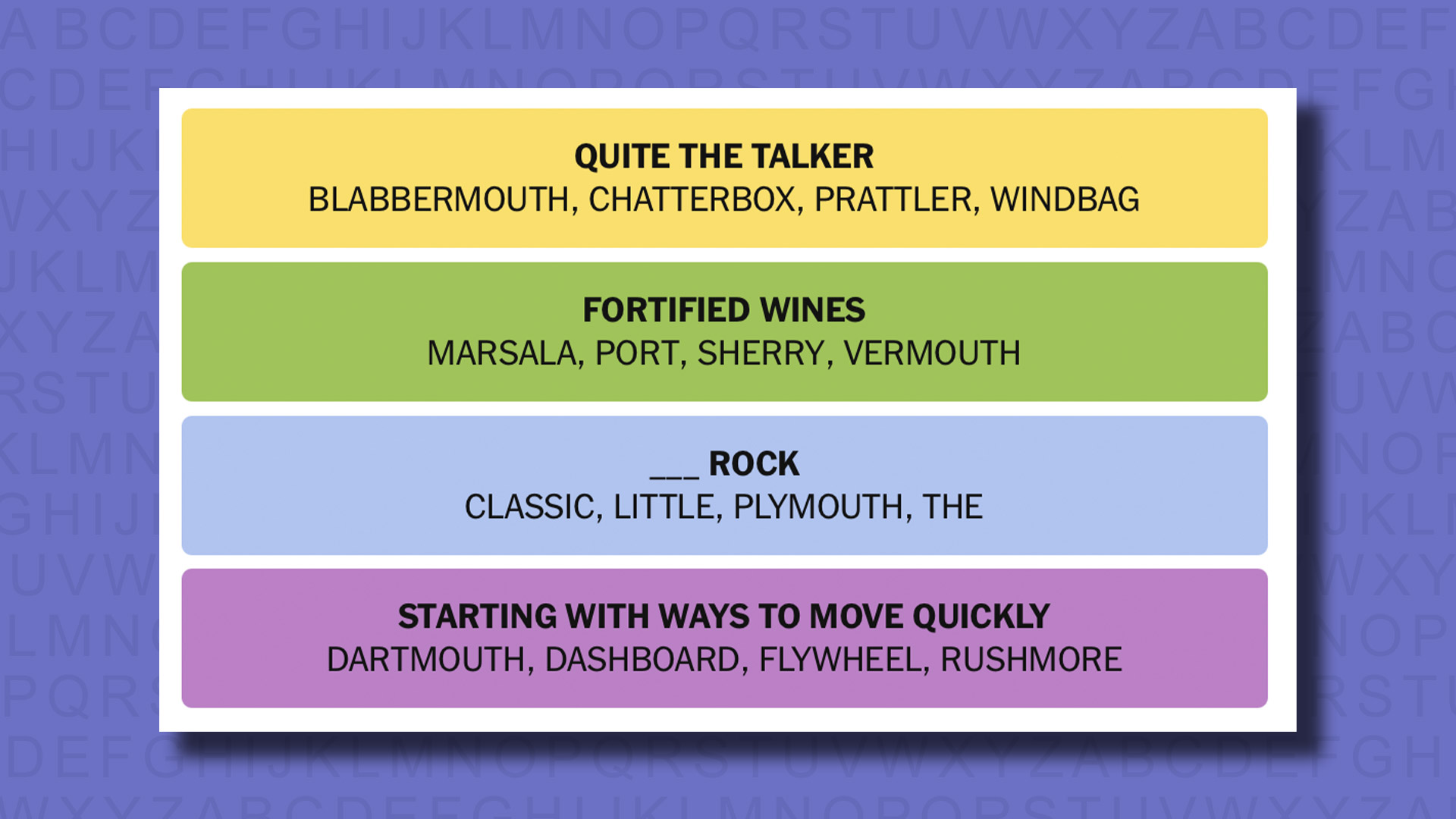 NYT Connections answers for game 800 on a purple background