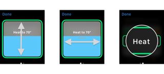 How to control your HomeKit thermostats in the Home app on the Apple Watch by showing steps: Scroll up or down to adjust temperature set point, Swipe left or right to access thermostat modes, Tap a mode.