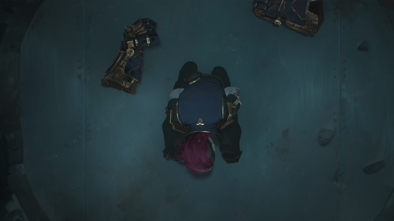 A crying Vi left in Zaun's tunnels with her gauntlets lying next to her in Arcane season 2