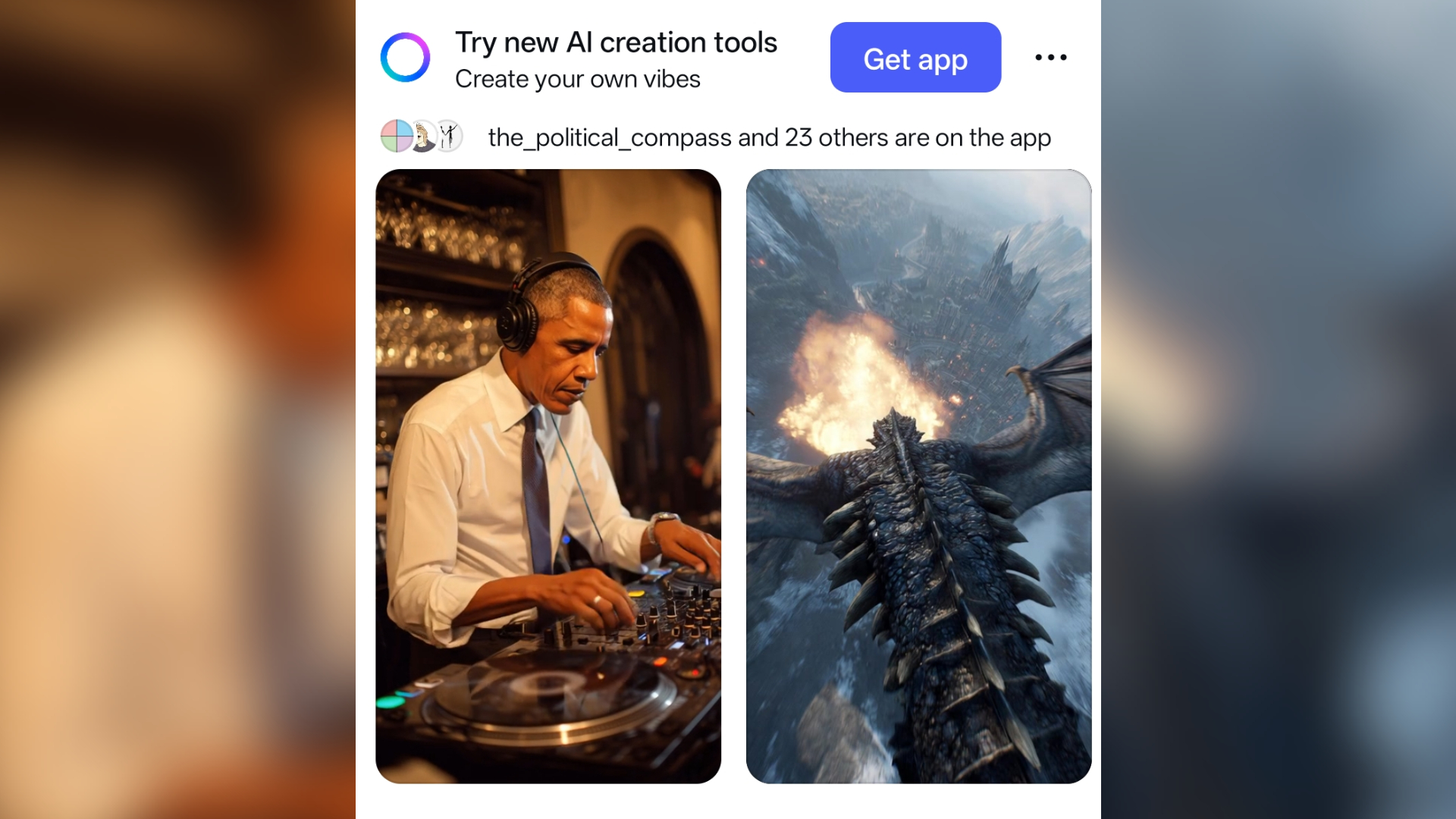 A mid-feed ad for Meta AI, showing Barack Obama DJing and a dragon breathing fire