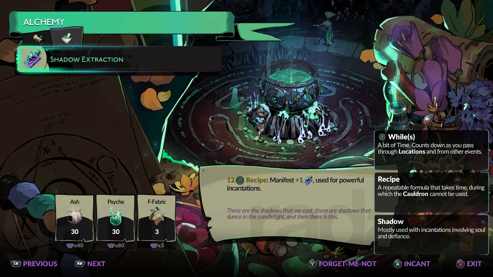 Hades 2 Shadow extraction alchemy in cauldron