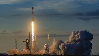 A SpaceX Falcon 9 rocket launches into the twilight sky carrying two European Galileo navigation satellites from Cape Canaveral, Florida on Sept. 17, 2024. 