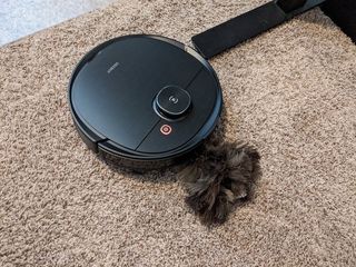 Ecovacs Deebot Ozmo T8 Aivi sucking up a feather duster