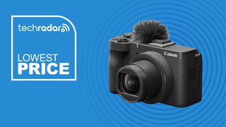 Canon PowerShot V1 camera on a blue background with a lowest price TechRadar deals badge