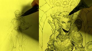 Images show steps from a drawing tutorial on how to draw a fantasy character with pencils, pens and markers