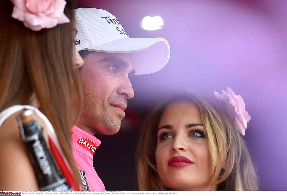 Alberto Contador looking confident on the Giro podium.