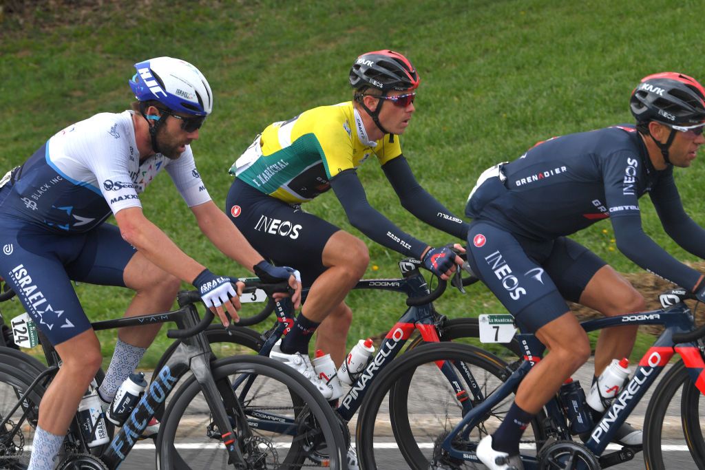 SAINTIMIER SWITZERLAND APRIL 29 Alex Dowsett of United Kingdom and Team Israel StartUp Nation Rohan Dennis of Australia and Team INEOS Grenadiers Yellow Leader Jersey during the 74th Tour De Romandie 2021 Stage 2 a 1657km stage from La Neuveville to SaintImier TDR2021 TDRnonstop UCIworldtour on April 29 2021 in SaintImier Switzerland Photo by Luc ClaessenGetty Images