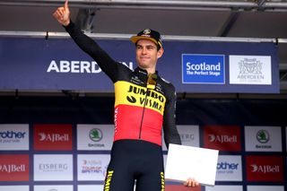 Wout van Aert on the top of the final podium of Tour of Britain