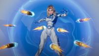 Invisible Woman in her Marvel Rivals character reveal trailer, surrounded by projectiles