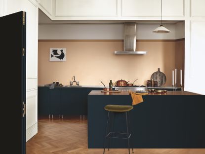 Wickes paint offers: spiced honey kitchen with dark blue units by dulux