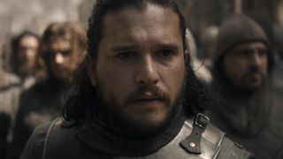 Close-up of Jon Snow&#039;s face as he watches dragon carnage in Game of Thrones