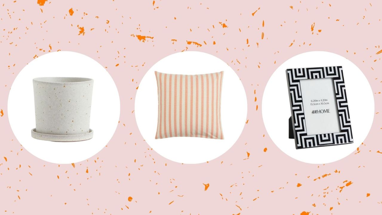 H&amp;M home sales pieces including a planter, orange pillow, and black and white frame on a pink and orange speckled background