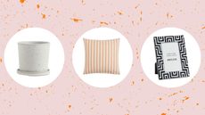 H&M home sales pieces including a planter, orange pillow, and black and white frame on a pink and orange speckled background
