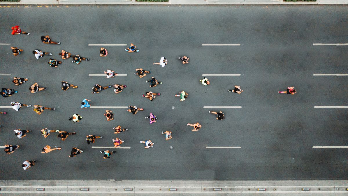 Aerial view of marathon city runners