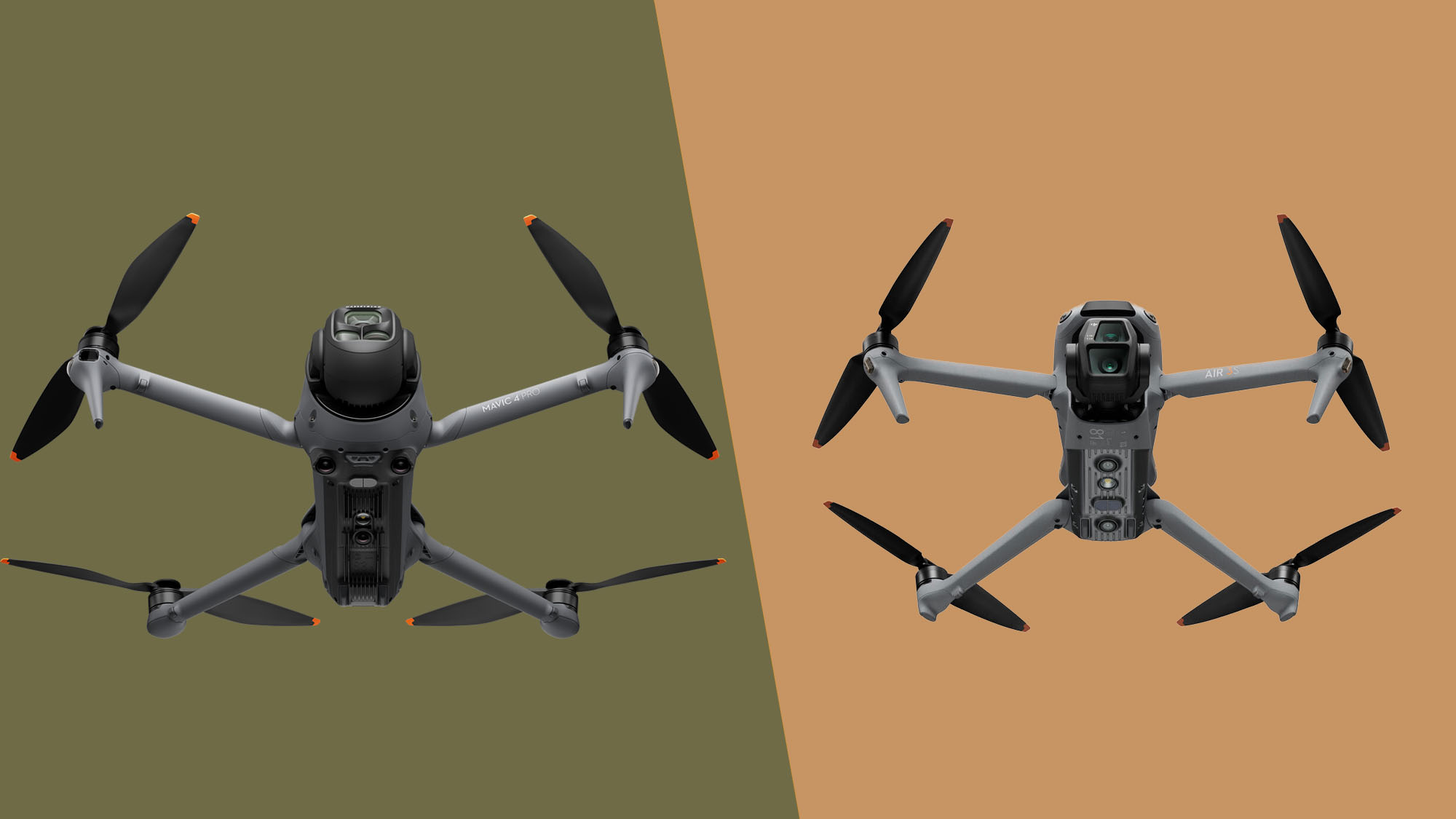 DJI Mavic 4 Pro alongside DJI Air 3S on split color backdrop