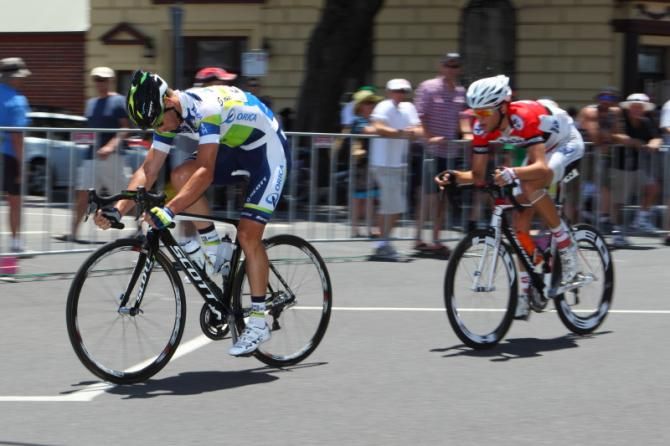 Mitch Docker (Orica-GreenEDGE) leads breakaway companion, Harry Carpenter (Team SASI)