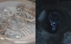 Left: close-up view of the inner workings of a watch. Right: a black watch in a dimly-lit setting