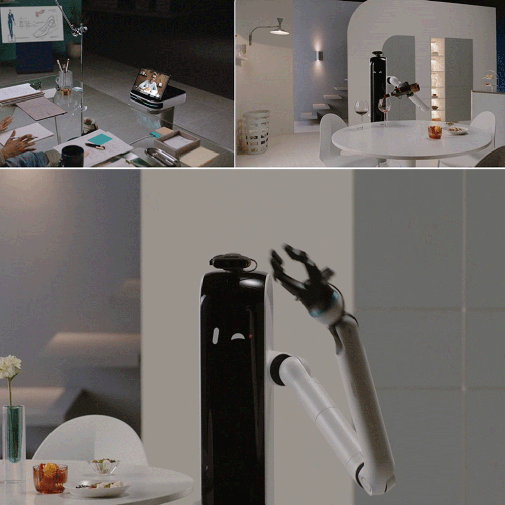 White Samsung robot with arm in a living room