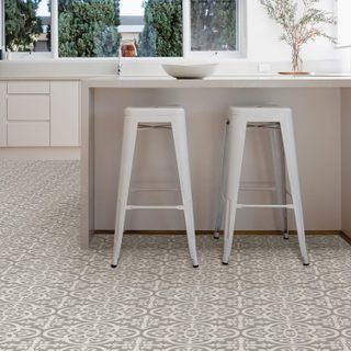 Vinyl floor tiles featuring a Morrocan pattern on a kitchen floor