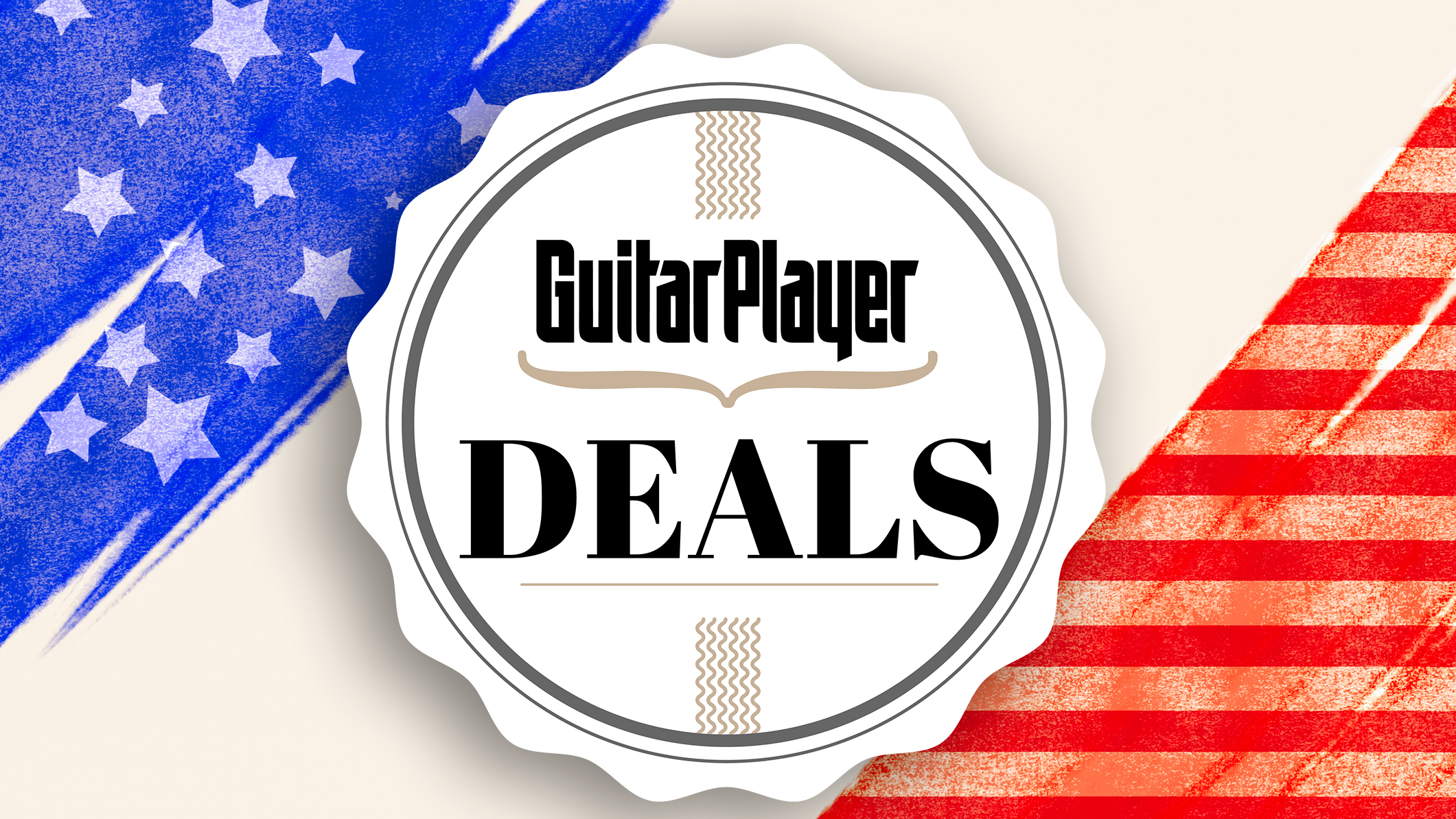 Guitar Player deals badge over an American flag graphic