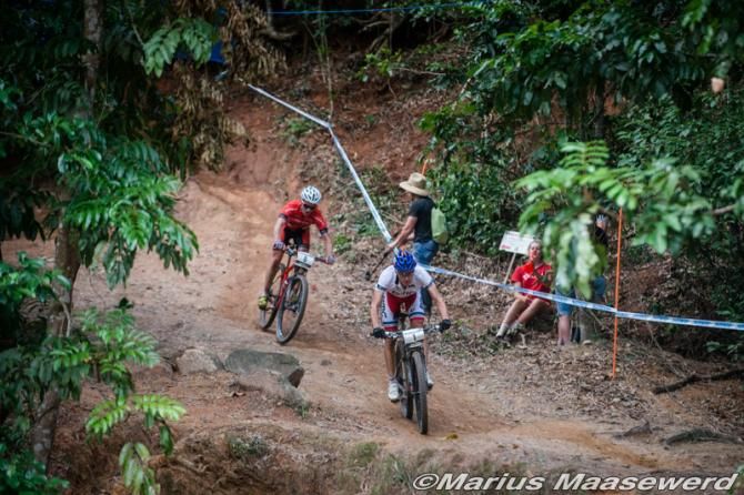 Julien Absalon (BMC Mountainbike Racing Team) leading Mathias Fluckiger (St&ouml;ckli Pro Team)