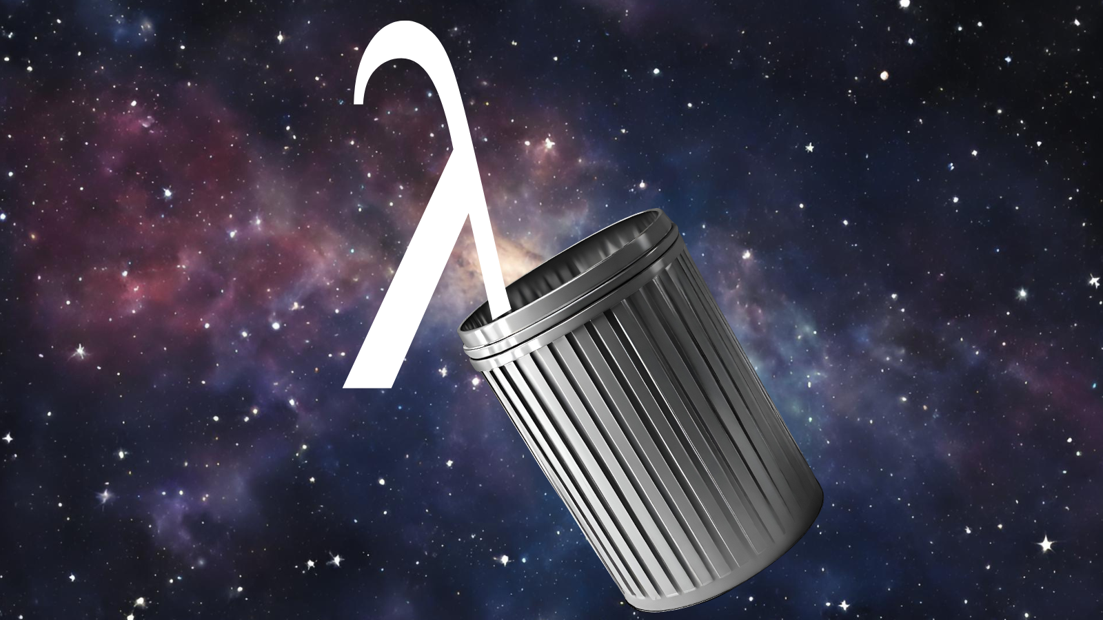 An illustration of a dustbin and a lambda falling into the bin. Both appear to be in space.