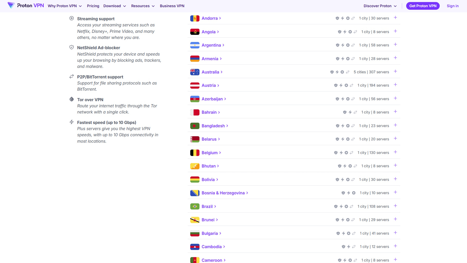 A list of server locations offered by Proton VPN.