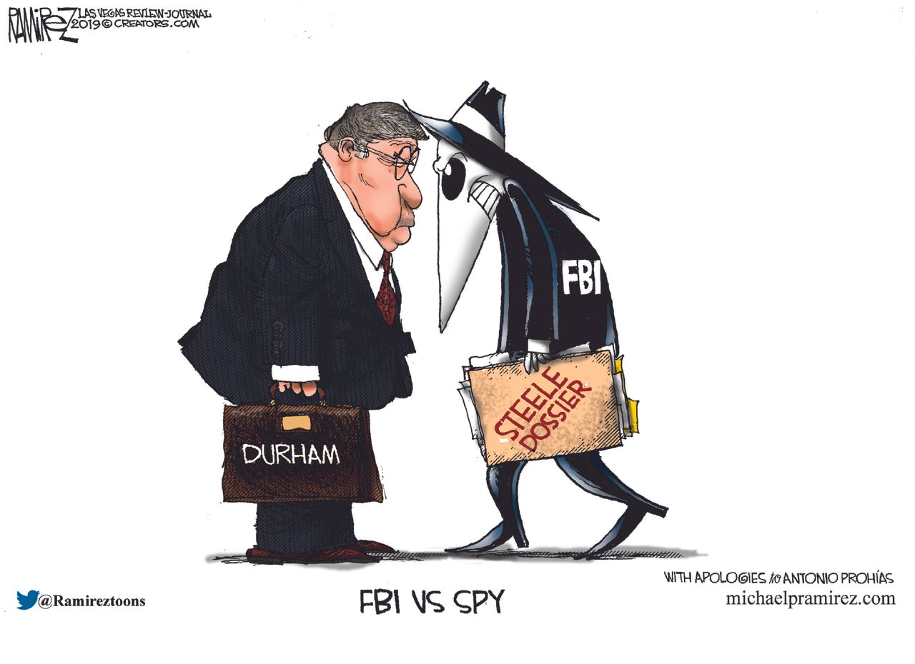 Political Cartoon U.S. William Barr FBI Spy Steele Dossier Durham