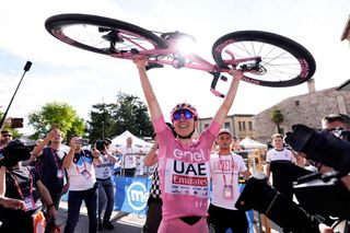 BASSANO DEL GRAPPA ITALY MAY 25 Stage winner Tadej Pogacar of Slovenia and UAE Team Emirates Pink Leader Jersey reacts after the 107th Giro dItalia 2024 Stage 20 a 184km stage from Alpago to Bassano del Grappa UCIWT on May 25 2024 in Bassano del Grappa Italy Photo by Fabio Ferrari PoolGetty Images