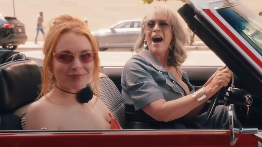 Lindsay Lohan and Jamie Lee Curtis in a convertible with sunglasses on in Freakier Friday