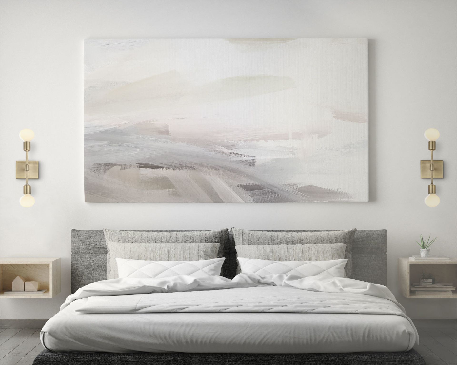 a grey bedroom with wall sconces on either side of the bed