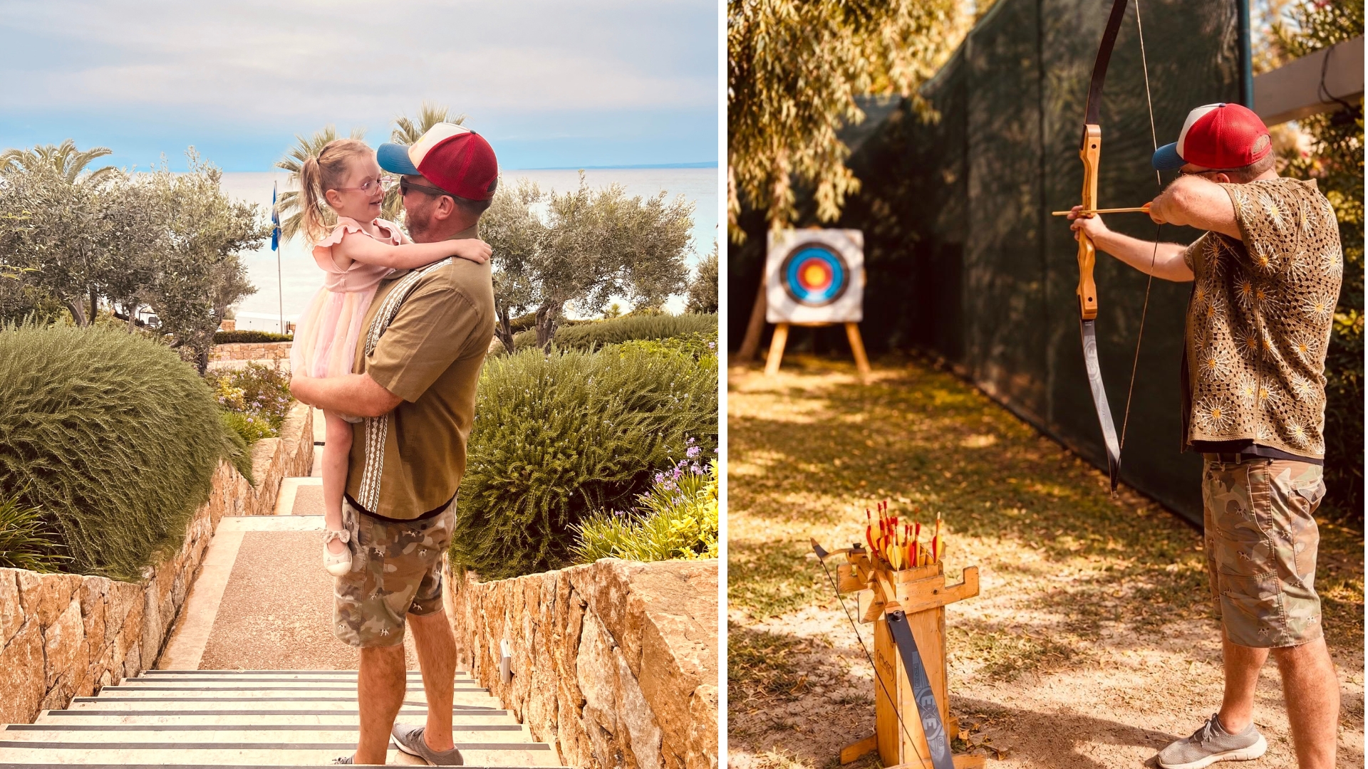 Father and daughter standing on rock steps overlooking the sea at Sani Club - next to an image of a man holding a bow and arrow, ready to play archery