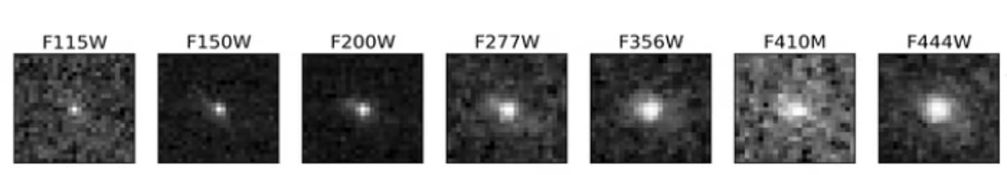 Een reeks van zeven grijsschaalvierkanten met allemaal een heldere centrale stip, omringd door verschillende dichtheden van donkere pixelvlekken eromheen.