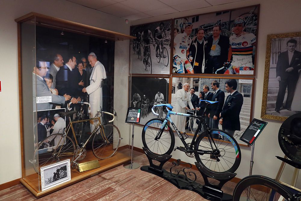 A gold bike presented to the Pope in 1979 sits in the Colnago Museum