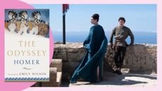 A screengrab from The Odyssey film showing Anne Hathaway and Tom Holland with an image of Emily Wilson's book cover