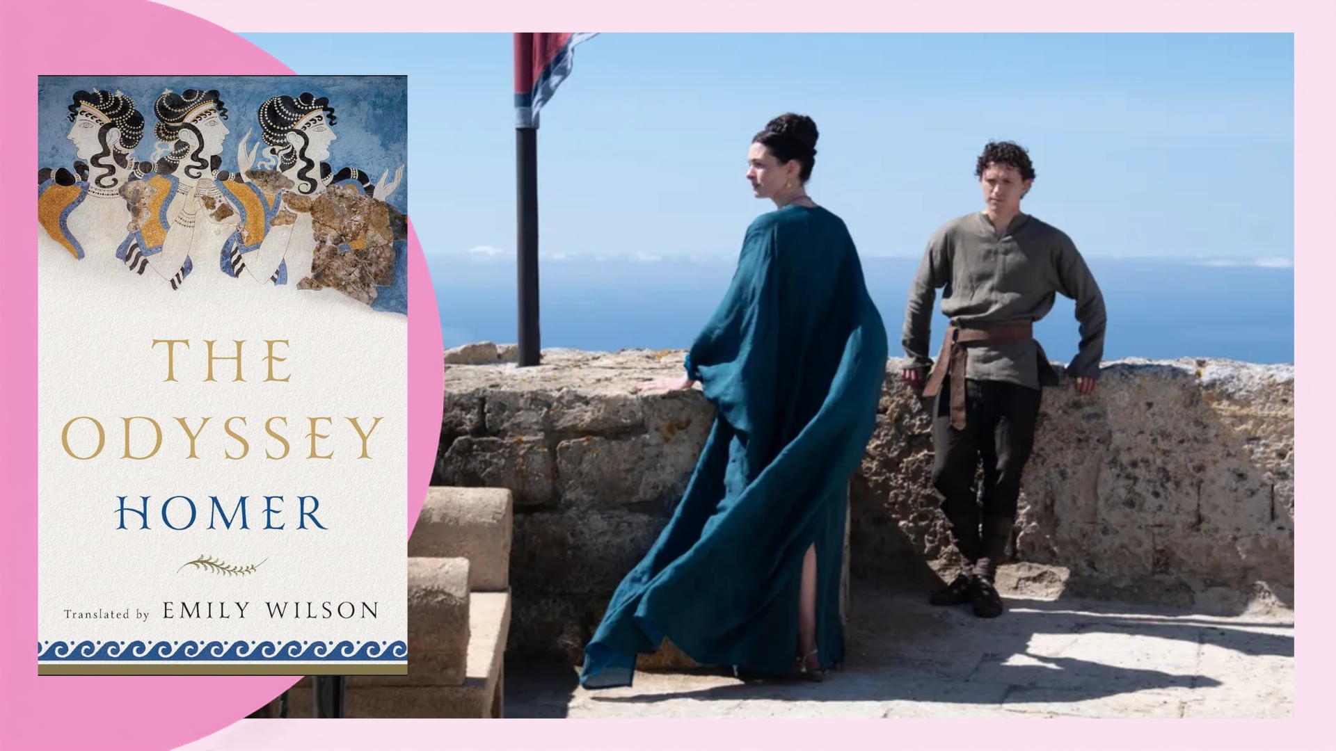 A screengrab from The Odyssey film showing Anne Hathaway and Tom Holland with an image of Emily Wilson's book cover