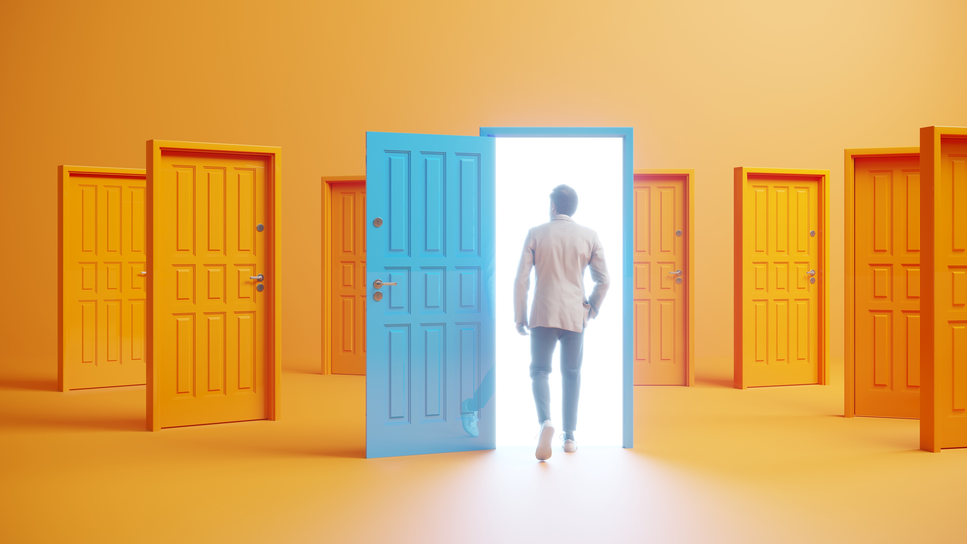 A man walks through an open door among several closed doors.