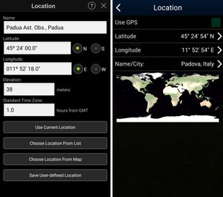 The better sky-charting apps allow you to manually set the location the app uses to display the sky. At left is the interface for SkySafari 5. It accounts for the time zone change and one tap returns you home again. The Stellarium Mobile app shown at right works much the same way. Enable the Use GPS box to return to your current location.