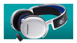 The SteelSeries Arctis 7P wireless three quarter view with dongle on blue.