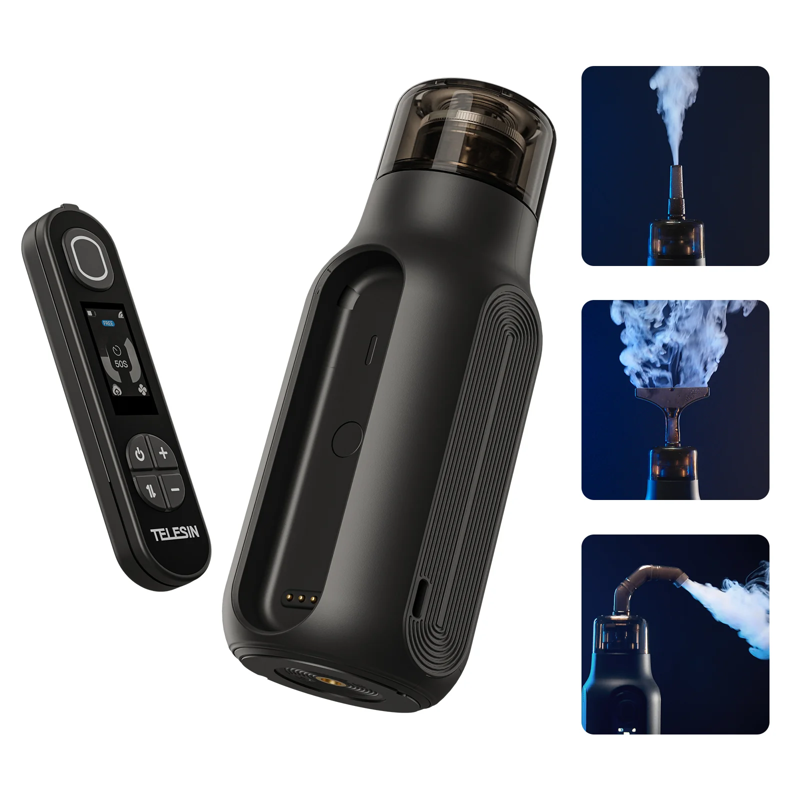 Telesin C40 Portable Fog Machine with insets of it emitting smoke in a white square