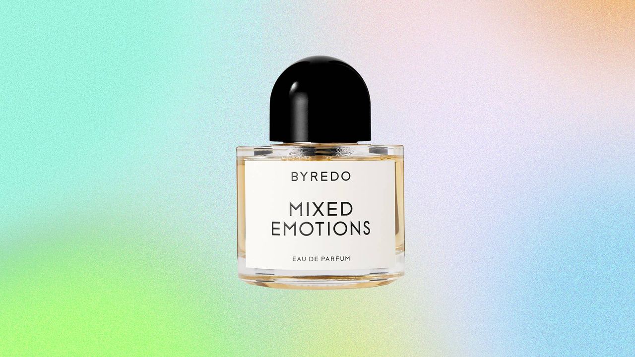 Byredo Mixed Emotions perfume bottle on a colorful gradient