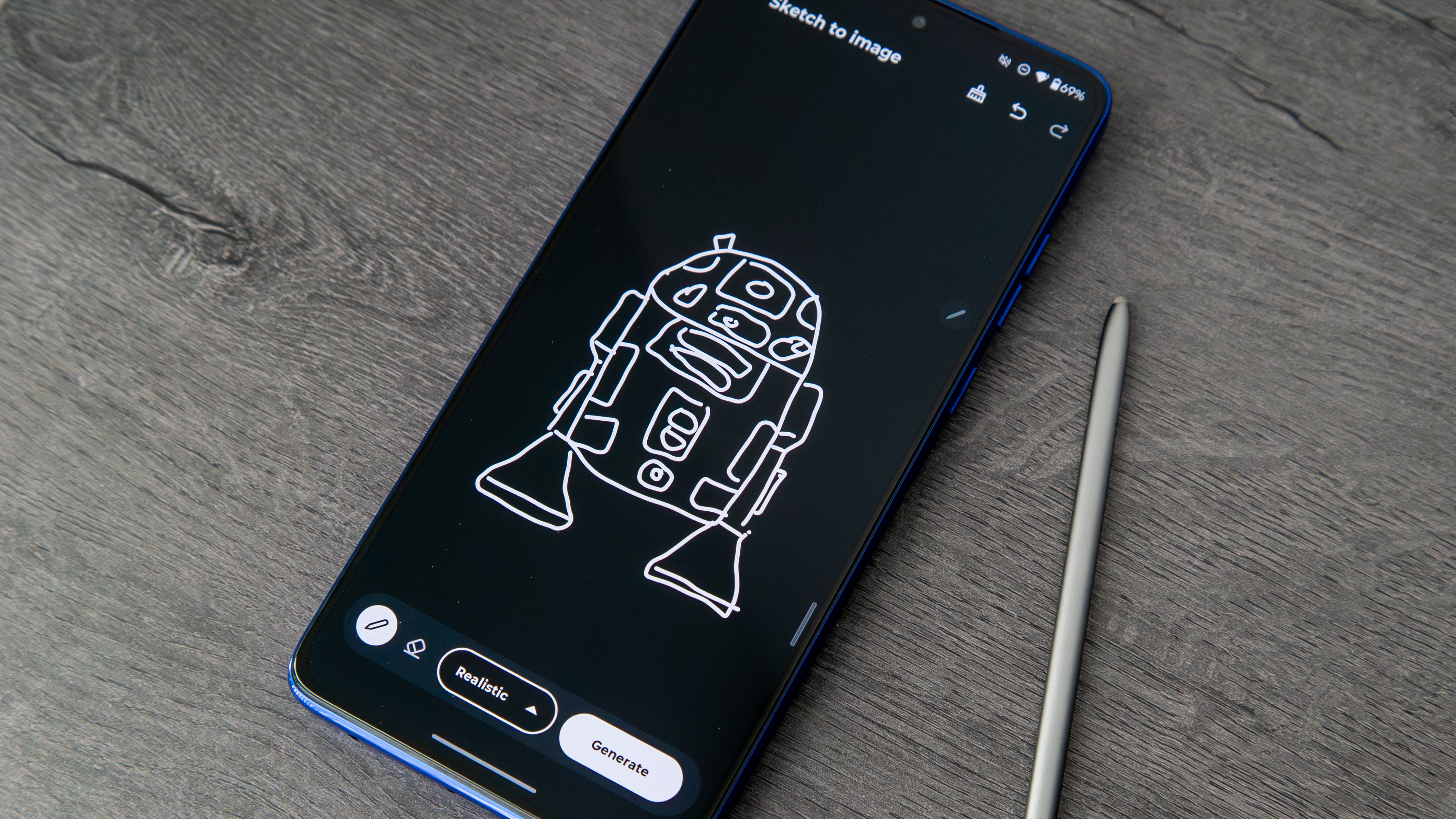 Moto G Stylus 2025 Sketch to Image feature with a drawing of R2-D2