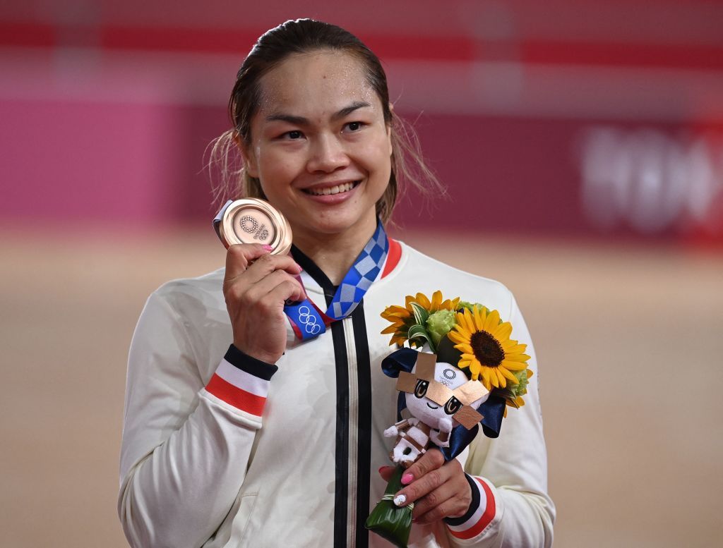 Bronze medallist Hong Kongs Lee Wai Sze poses with her medal after the womens track cycling sprint finals during the Tokyo 2020 Olympic Games at Izu Velodrome in Izu Japan on August 8 2021 Photo by Peter PARKS AFP Photo by PETER PARKSAFP via Getty Images
